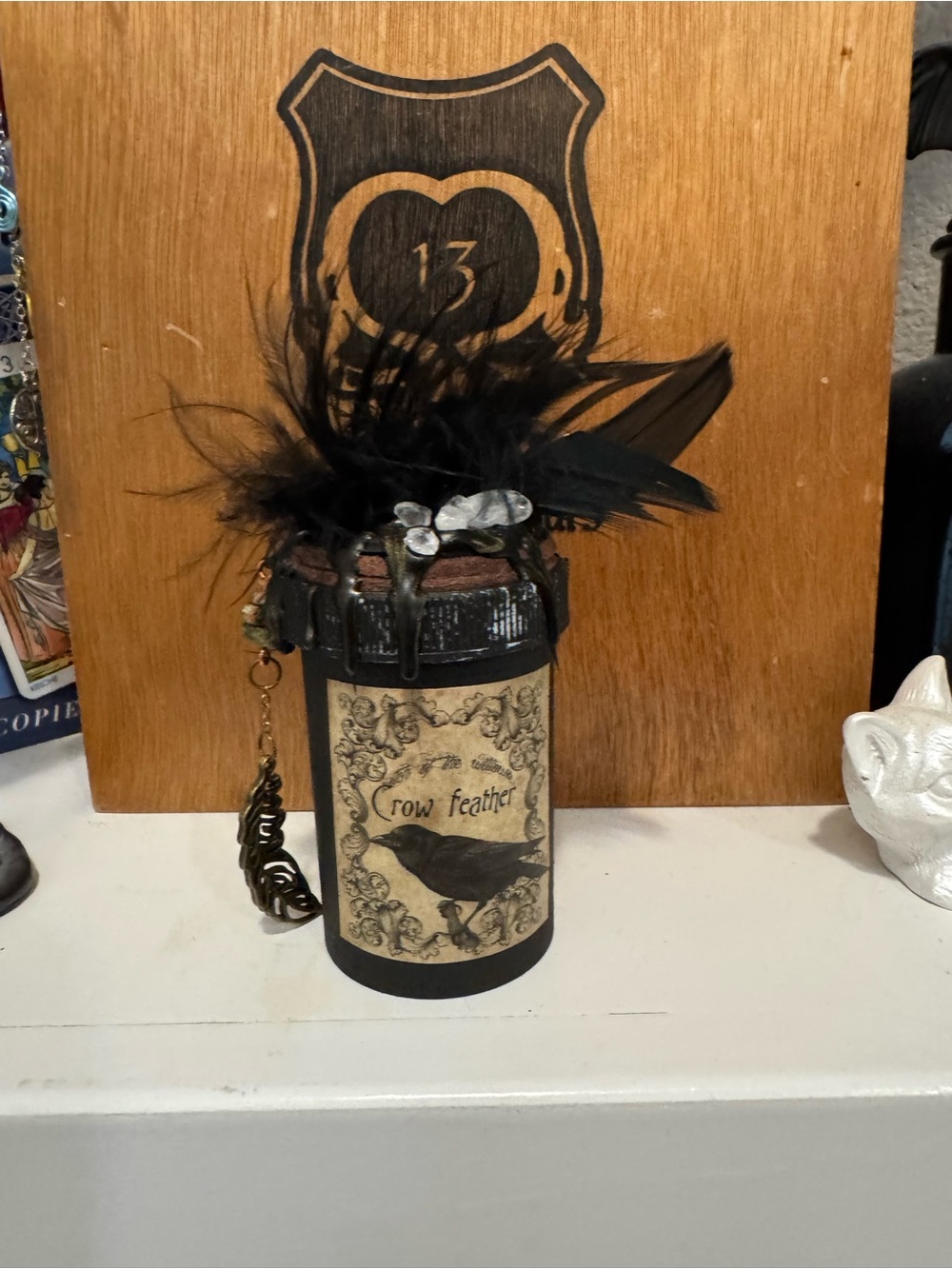 Handcrafted Black Crow Feather Decorative Jar
